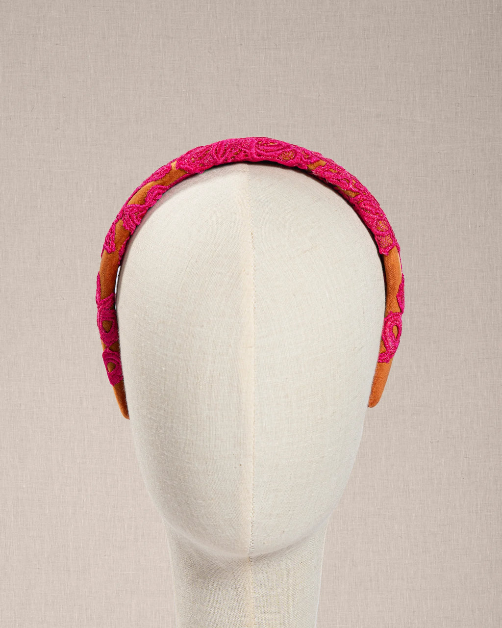 Cerchietto in Velluto Pumpkin con  Pizzo Couture Rosa