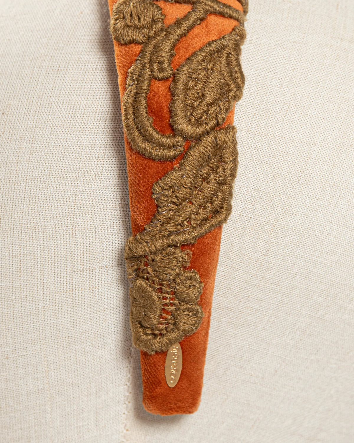 Cerchietto Couture "Orange Baroque" in Cashmere e Pizzo