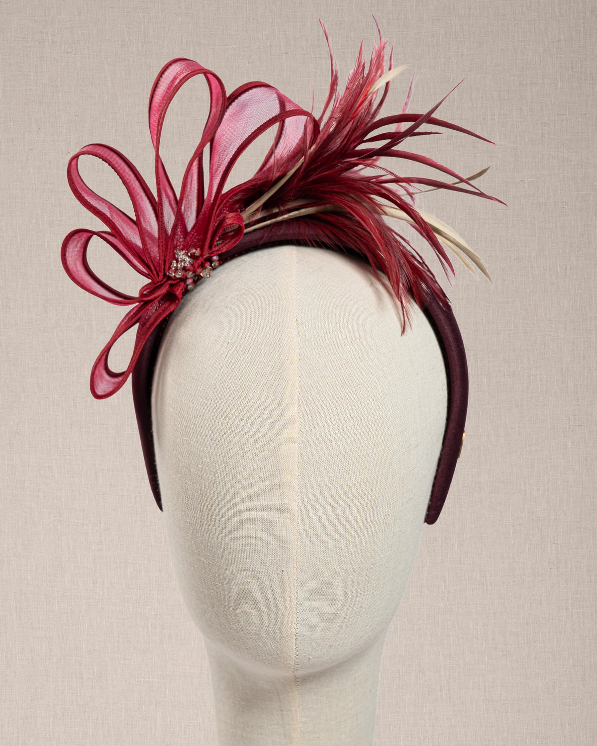 Cerchietto Couture “ Rouge Impérial “ con Piume e Cristalli