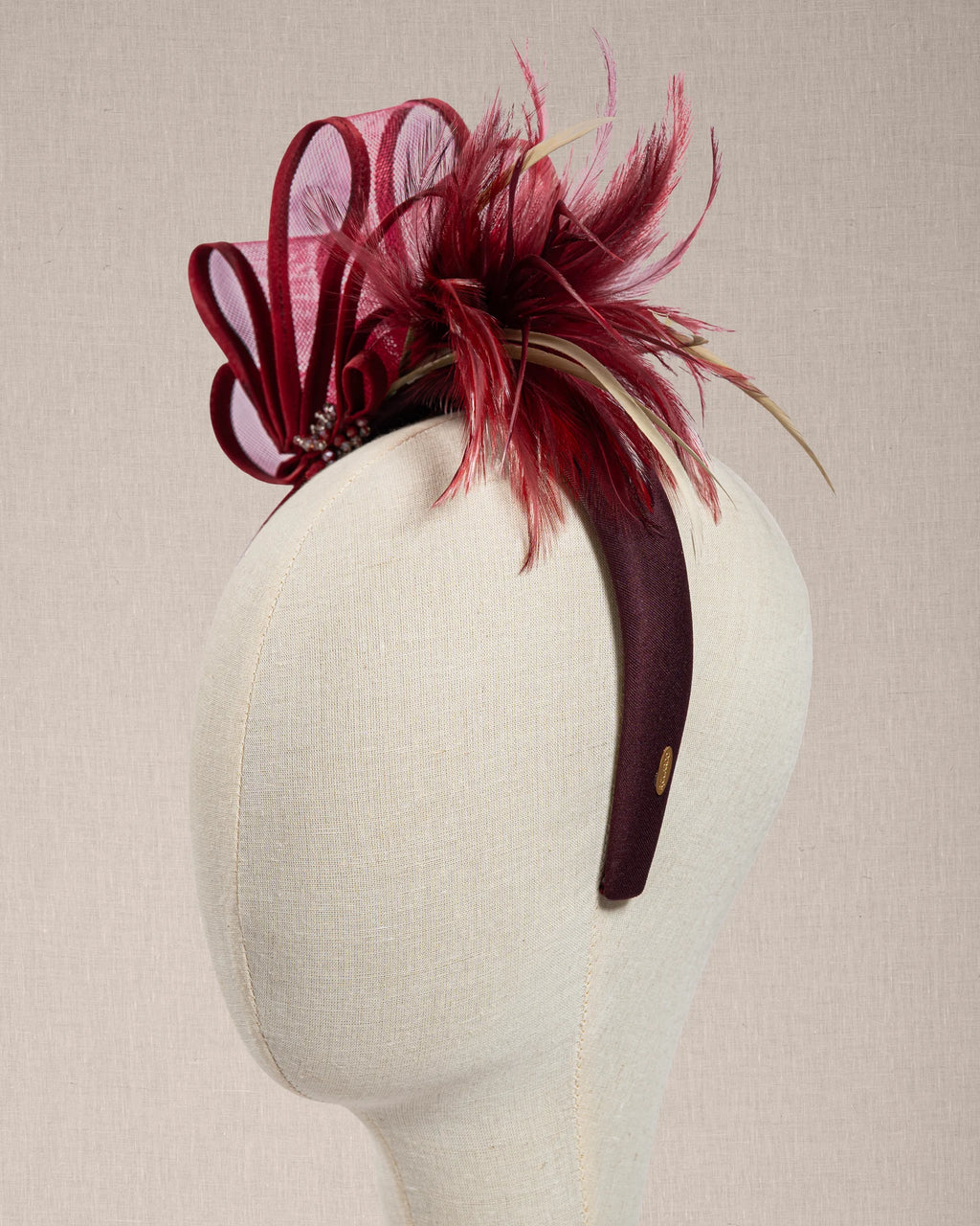 Cerchietto Couture “ Rouge Impérial “ con Piume e Cristalli