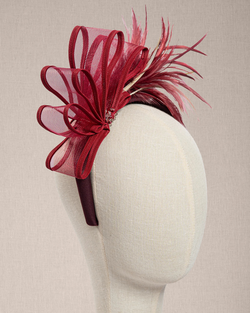 Cerchietto Couture “ Rouge Impérial “ con Piume e Cristalli