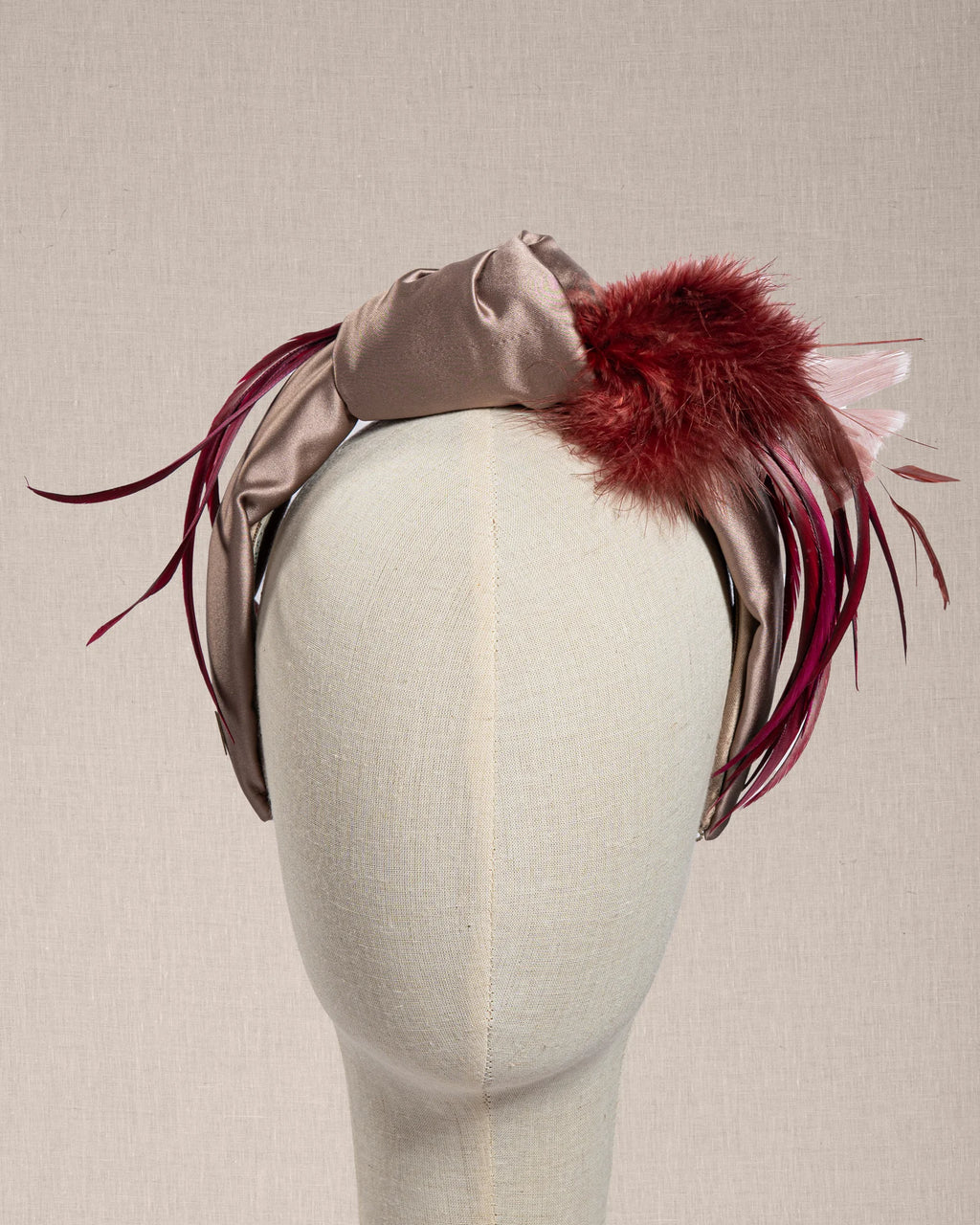 Cerchietto Nodo “Rose Impériale” Satin Rosa Antico e Piume